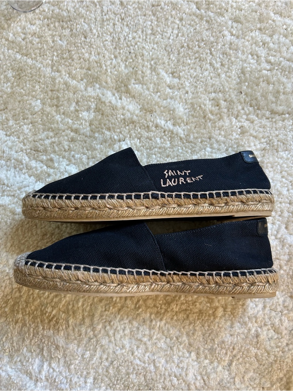 Saint Laurent Paris Black Canvas Espadrille Flats Logo Slip On Shoes EU 38 US 8